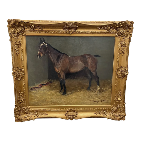 Antique Oil Painting Horse Bay Hunter In Stable Signed Evelyn Harke