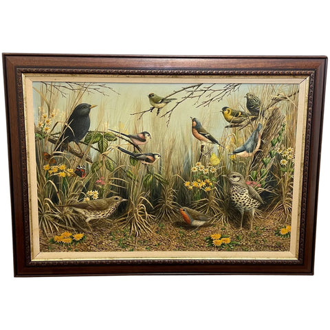 Large British Work Of Art Watercolour Flock Of Summer Song Birds Gathered