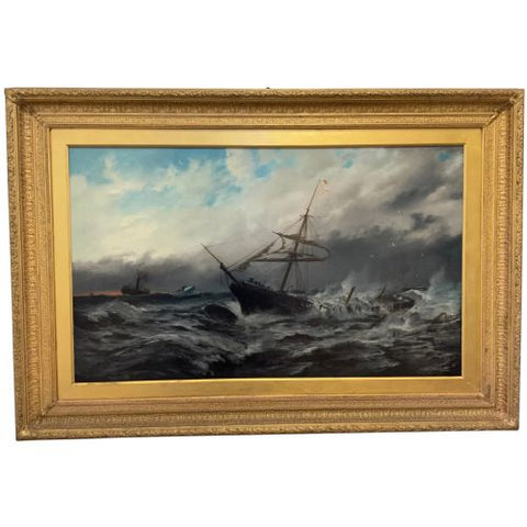 Huge Victorian Seascape Oil Painting Sinking Ship Signalling Rescuers By Henry E Tozer Born 1864