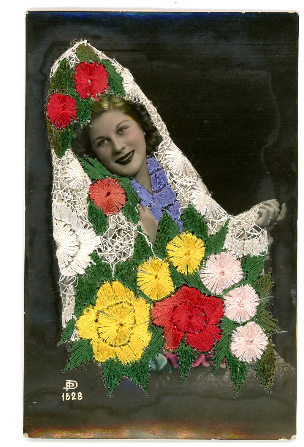 Embroidered photo postcard, Maker unknown, Spain, ca.1930