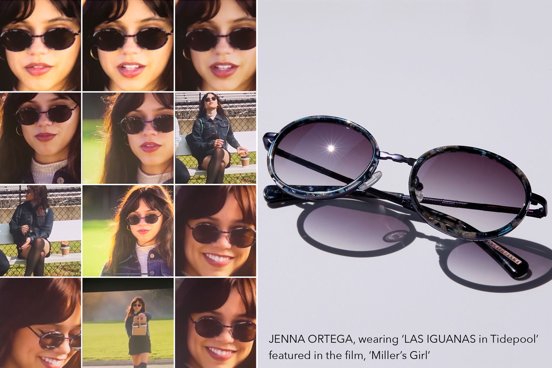 jenna ortega, miller's girl movie film, actress, las iguanas tidepool sunglasses, costume design, blue glasses, unisex sunglasses, it girl, celebrity style, press, tyche and iset