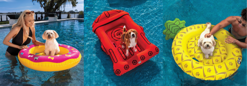 Pink Donut Dog Pool Float, Red Fire Hydrant Dog Pool Float, and Pineapple Dog Pool Float