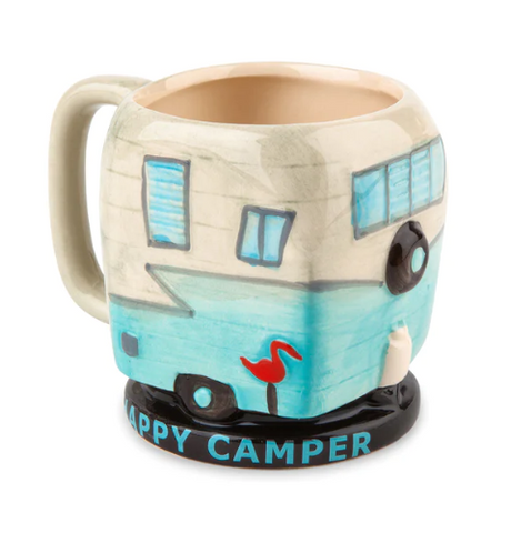 BigMouth Inc mug shaped like a camper. It's says "Happy Camper" on the bottom of the mug. 