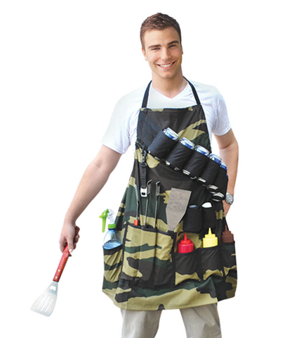 Man wearing a camo apron with pockets for 6 cans of beer