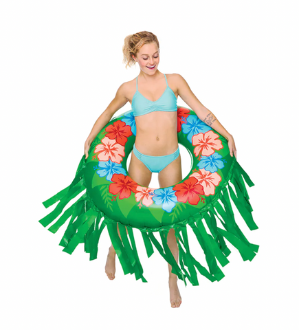 Woman wearing a giant pool float around her waist designed to look like a hula skirt