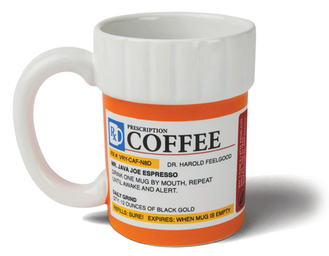 Coffee mug that looks like a prescription pill bottle