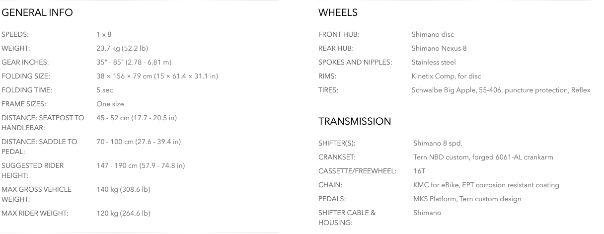 Tern NBD P8i E-Bike Specifications