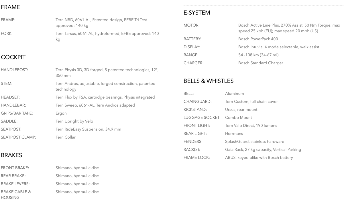 Tern NBD P8i E-Bike Specifications