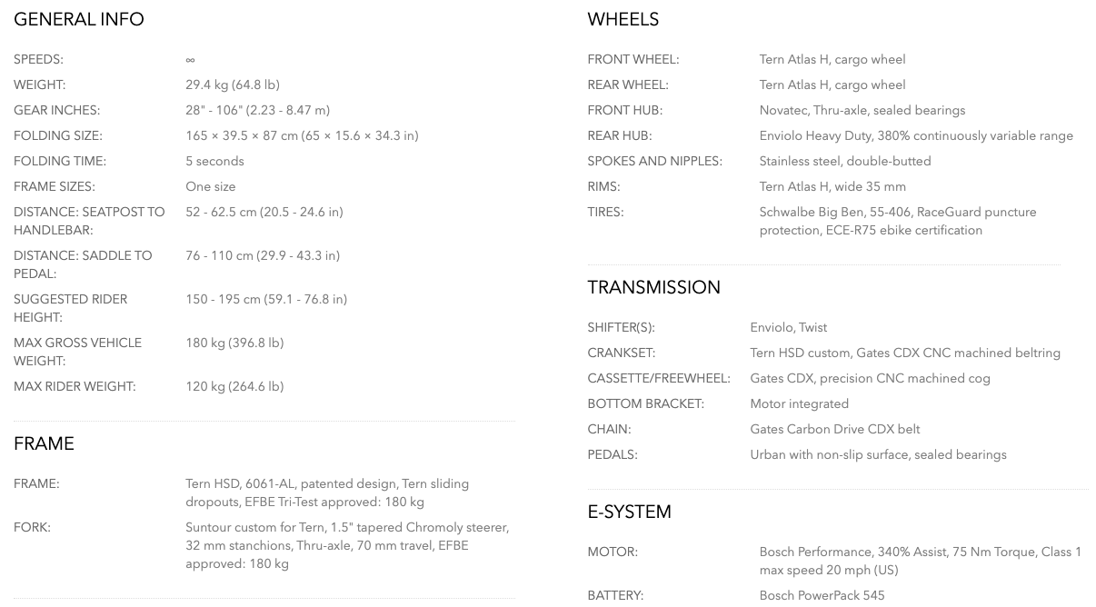 Tern HSD S00 (Gen2) Specs