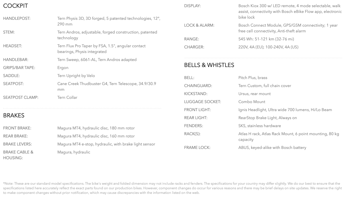 Tern HSD S00 (Gen2) Specifications