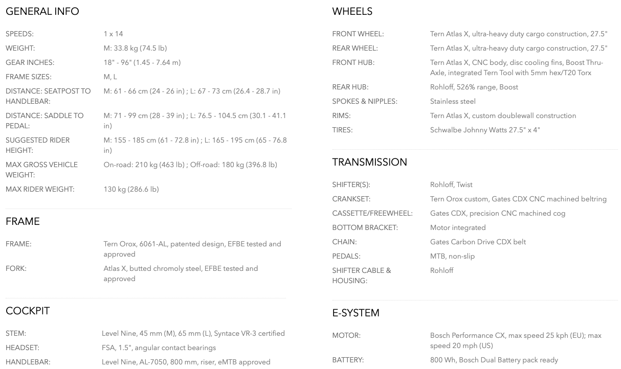 Tern Orox R14 Specifications