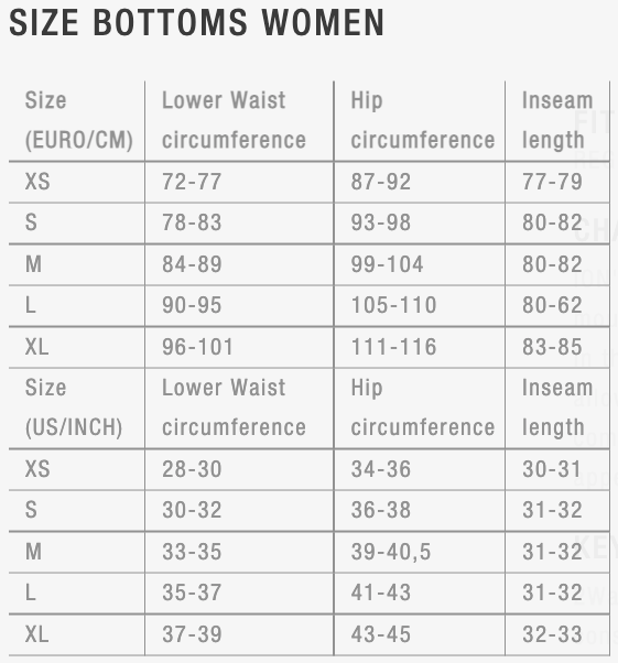 ION BIKE SIZE CHART BOTTOMS WOMEN