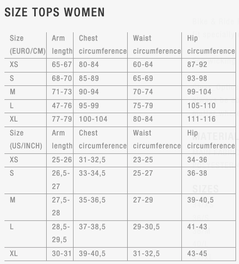 ION Bike Women's Size Chart Tops Jersey