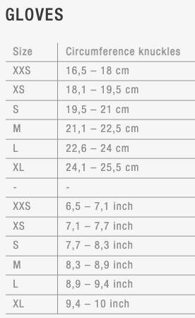 Ion Scrub MTB Gloves Unisex Size Chart