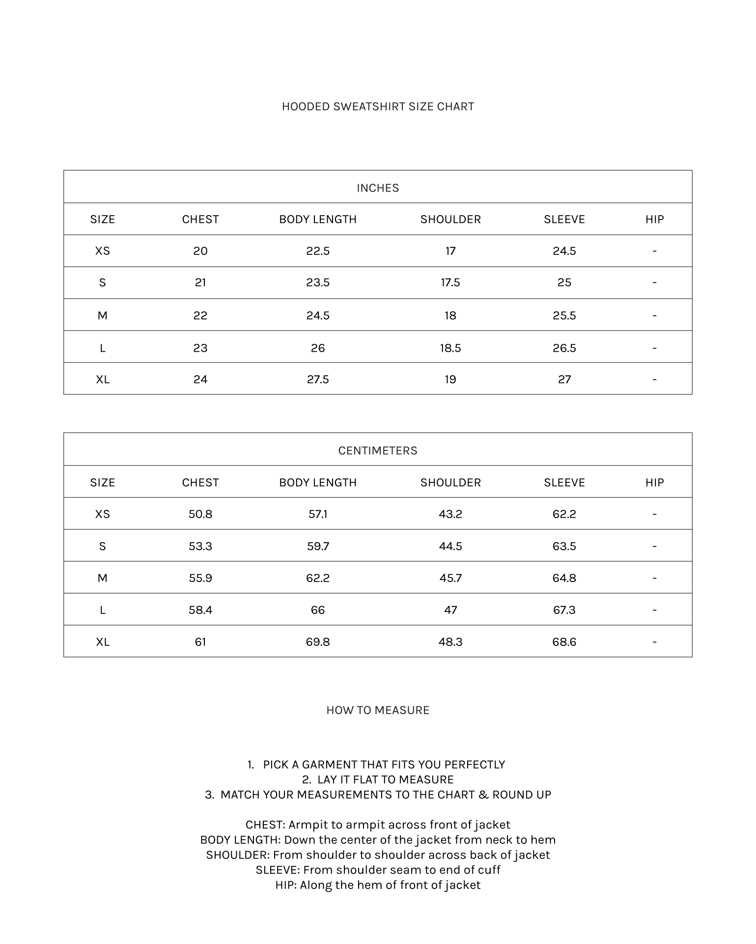 Hooded Sweatshirt Size Chart