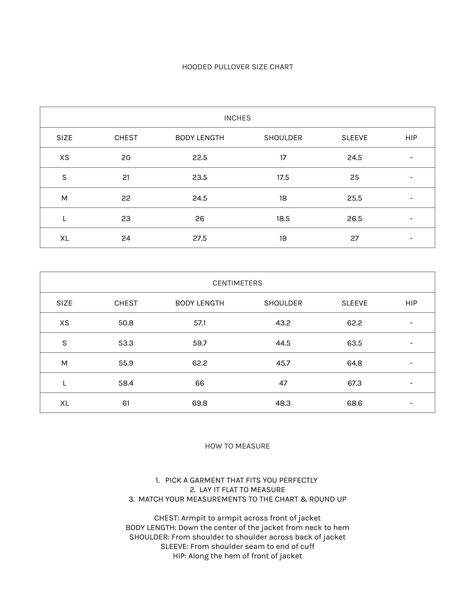 Hooded Pullover Size Chart