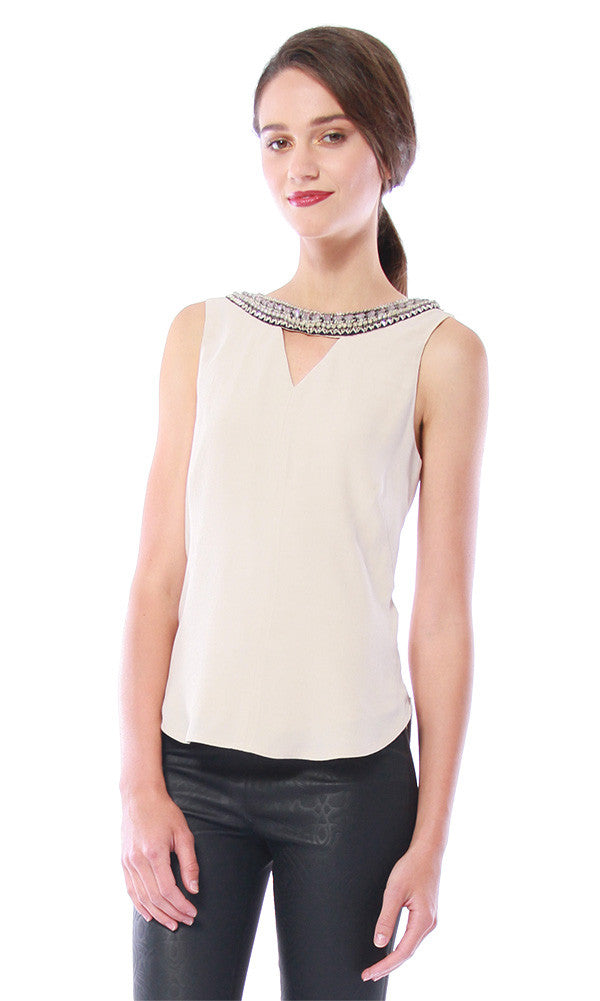 Cynthia Vincent Embellished V Back Top Champagne | Sleeveless Top