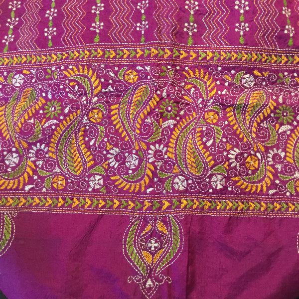 Traditional West Bengali hand-embroidered pure silk kantha shawl scarf ...