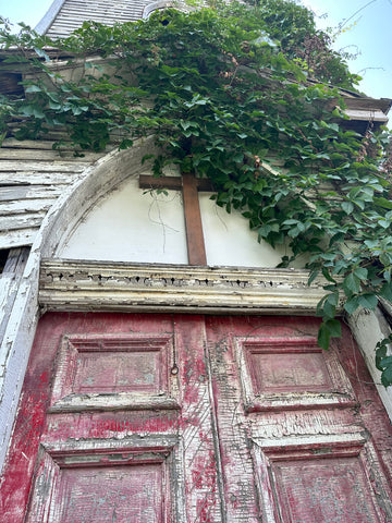 abandoned church red door