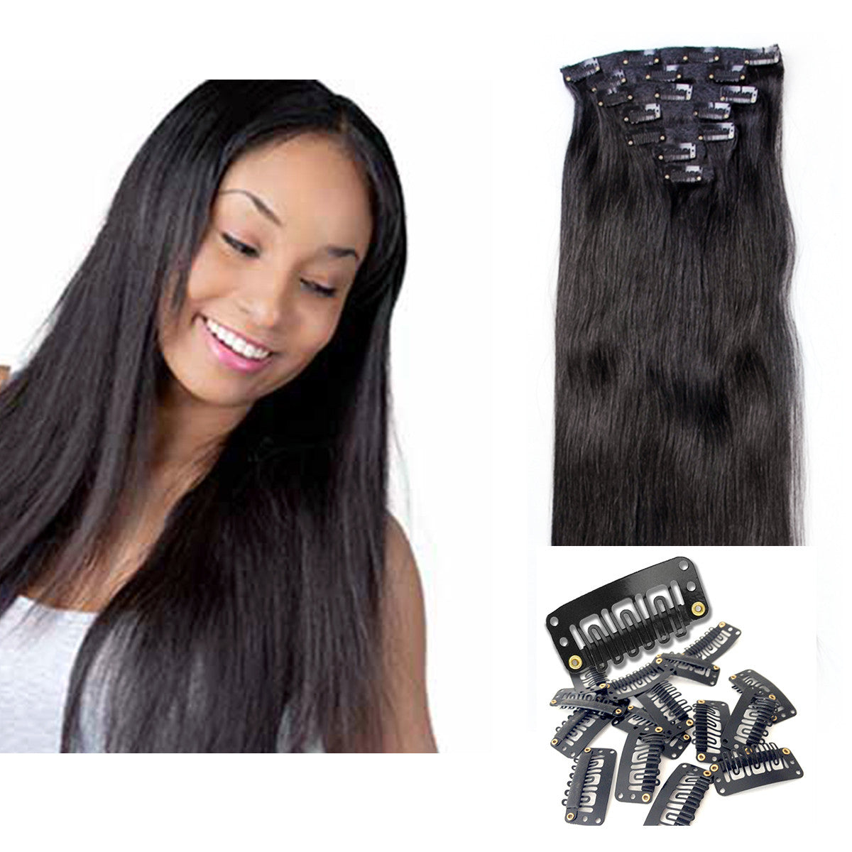 16" Clip In Remy Hair Extensions: Off Black No. 1B