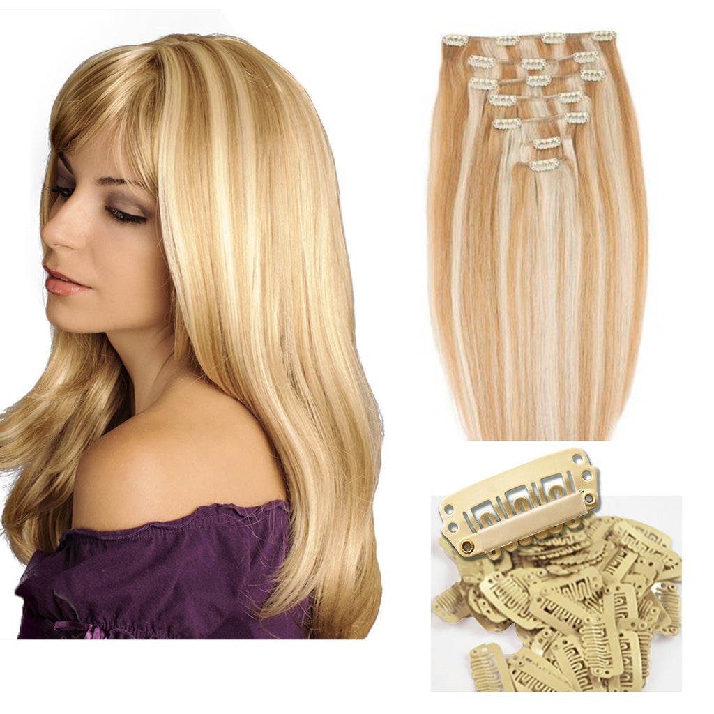 21 Inch Clip On Human Hair Extensions Color P27 613 Light