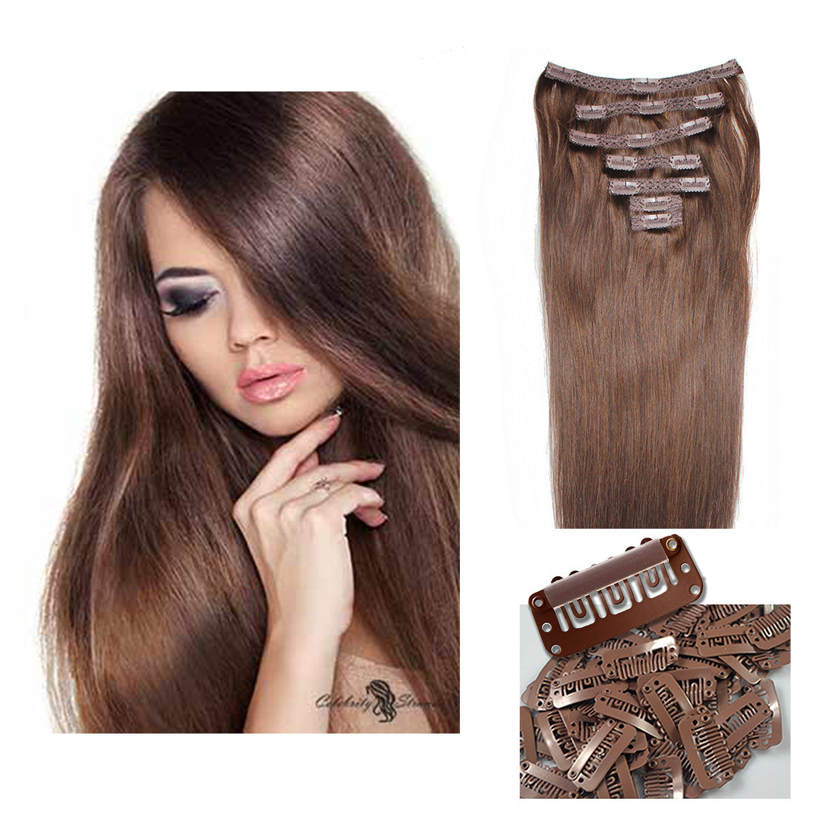 18" Clip In Remy Hair Extensions: Medium Brown No. 4