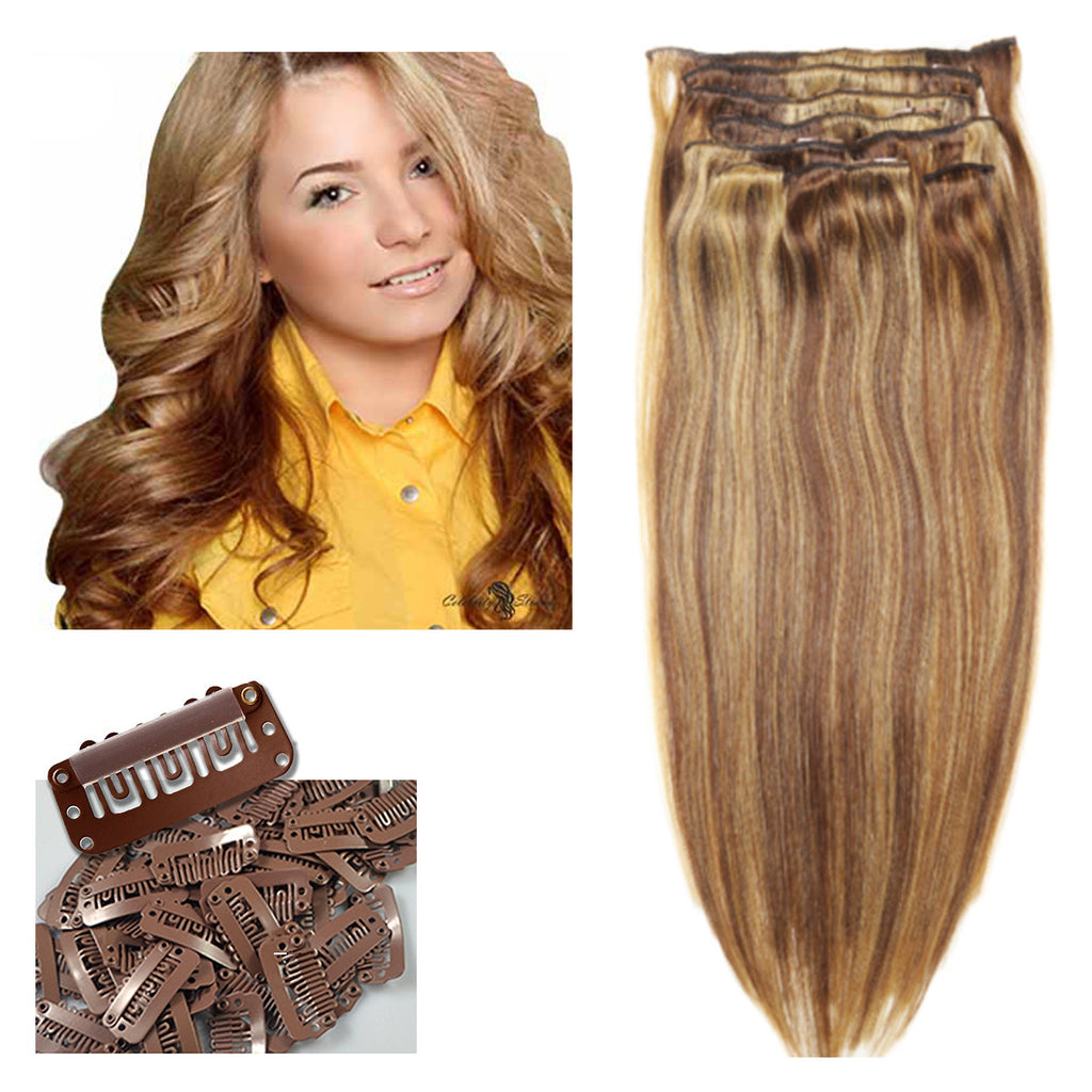 18 Remy Human Hair Extensions Clip In Color P8 24 Light Brown