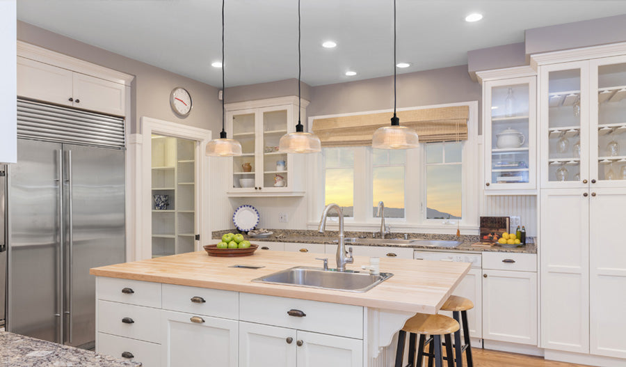 Glass pendant light over bench