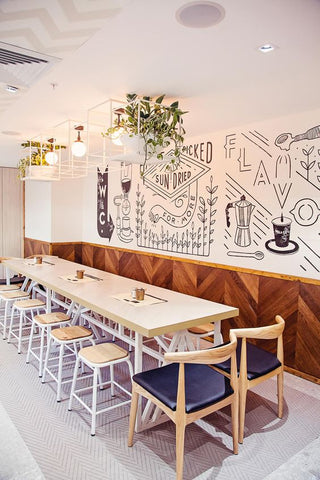 Milky glass ball lights and a large wall mural, a giant chalkboard canvass, a mix-and-match of chairs--let your creative preferences shine in your restaurant decor