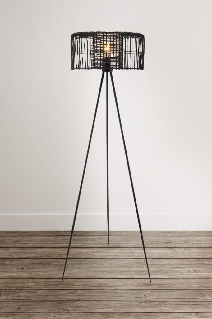 black rattan tripod floor lamp