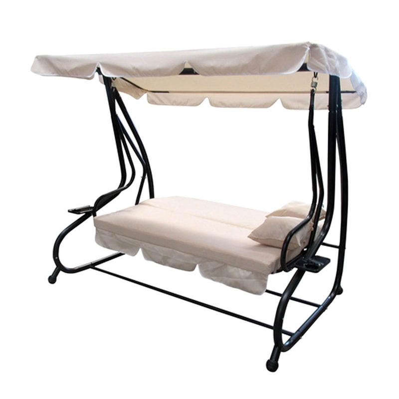 Canopy Patio Swing Bench with Pillows and Cup Holders - Beige