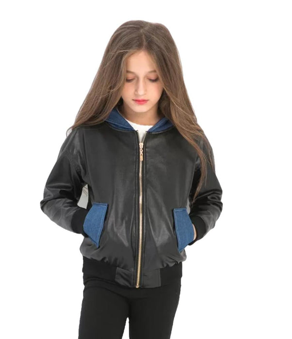 Girls Myla Denim Hoodie Leather Jacket — Inland Leather Co