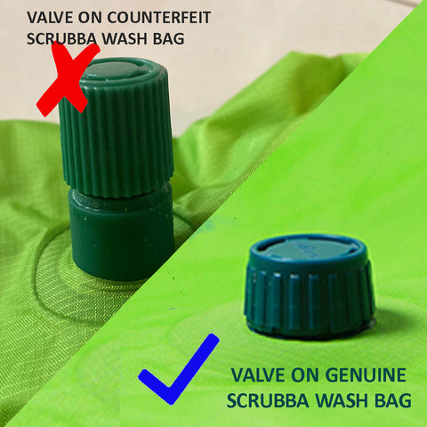 image showing larger valve on counterfeit Scrubba wash bag