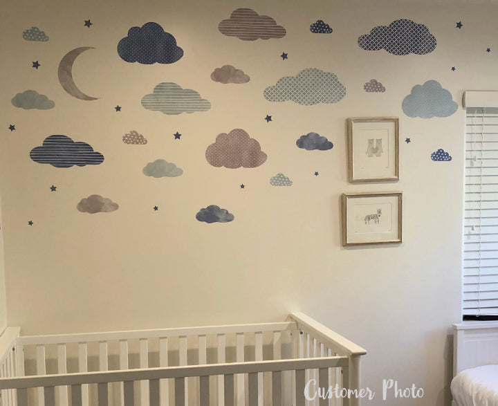 Cloud Moon And Stars Watercolor Patterned Fabric Wall Decals