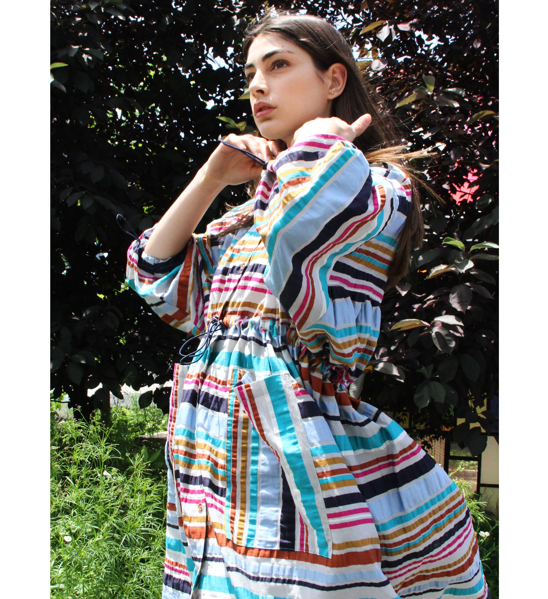Multi-color stripe button down jacket dress by Henrik Vibskov