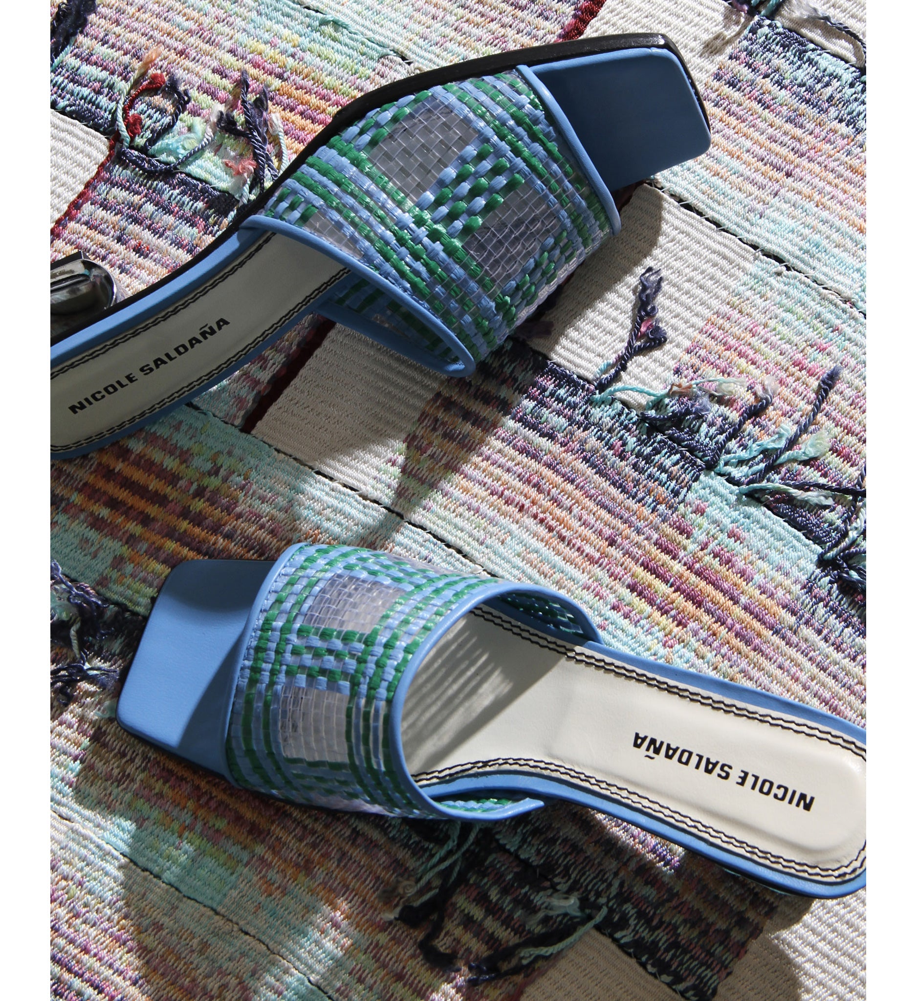 Blue and green basket weave open toe slide by Nicole Saldana