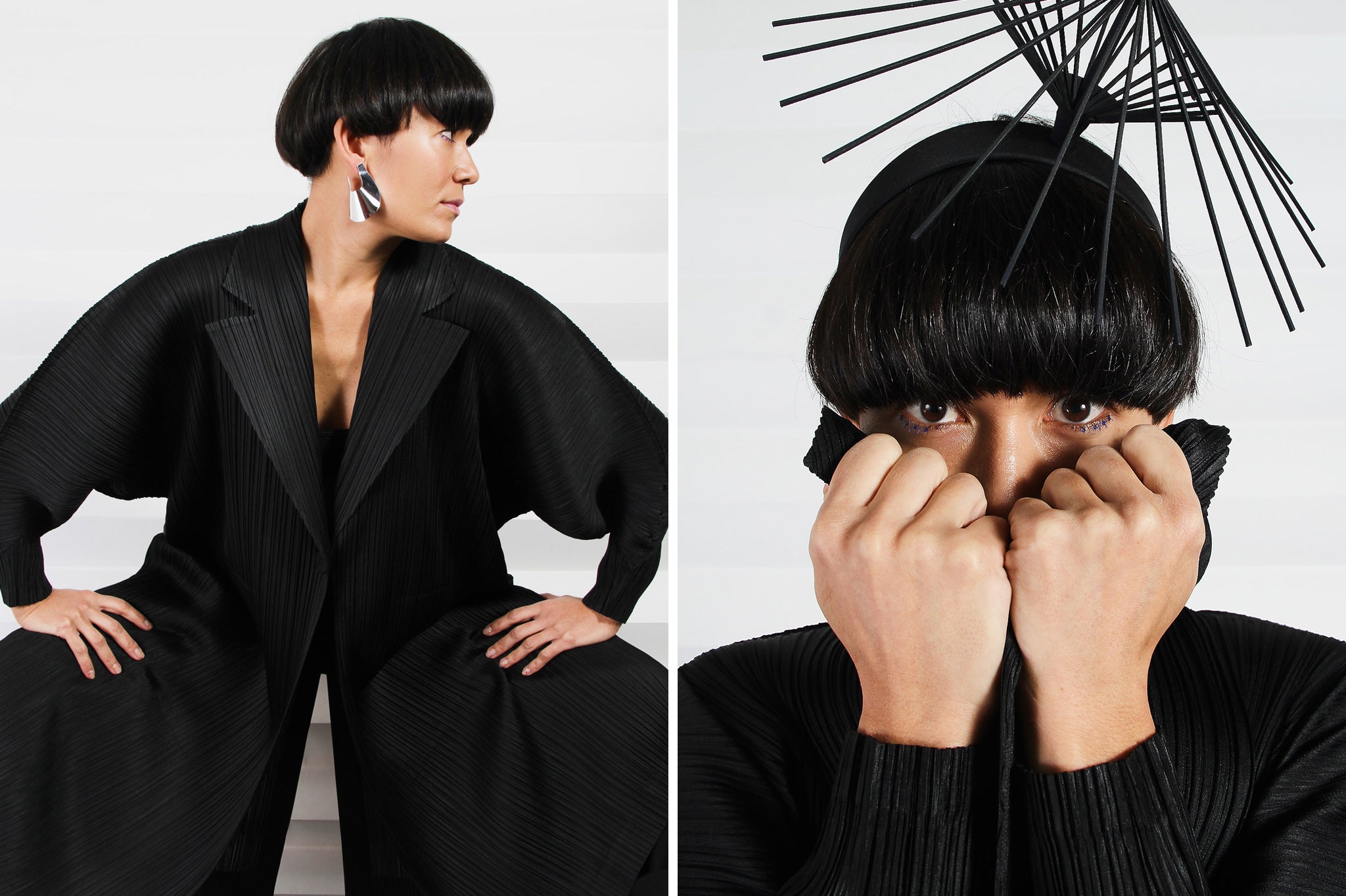 Long black pleated trench coat by Issey Miyake