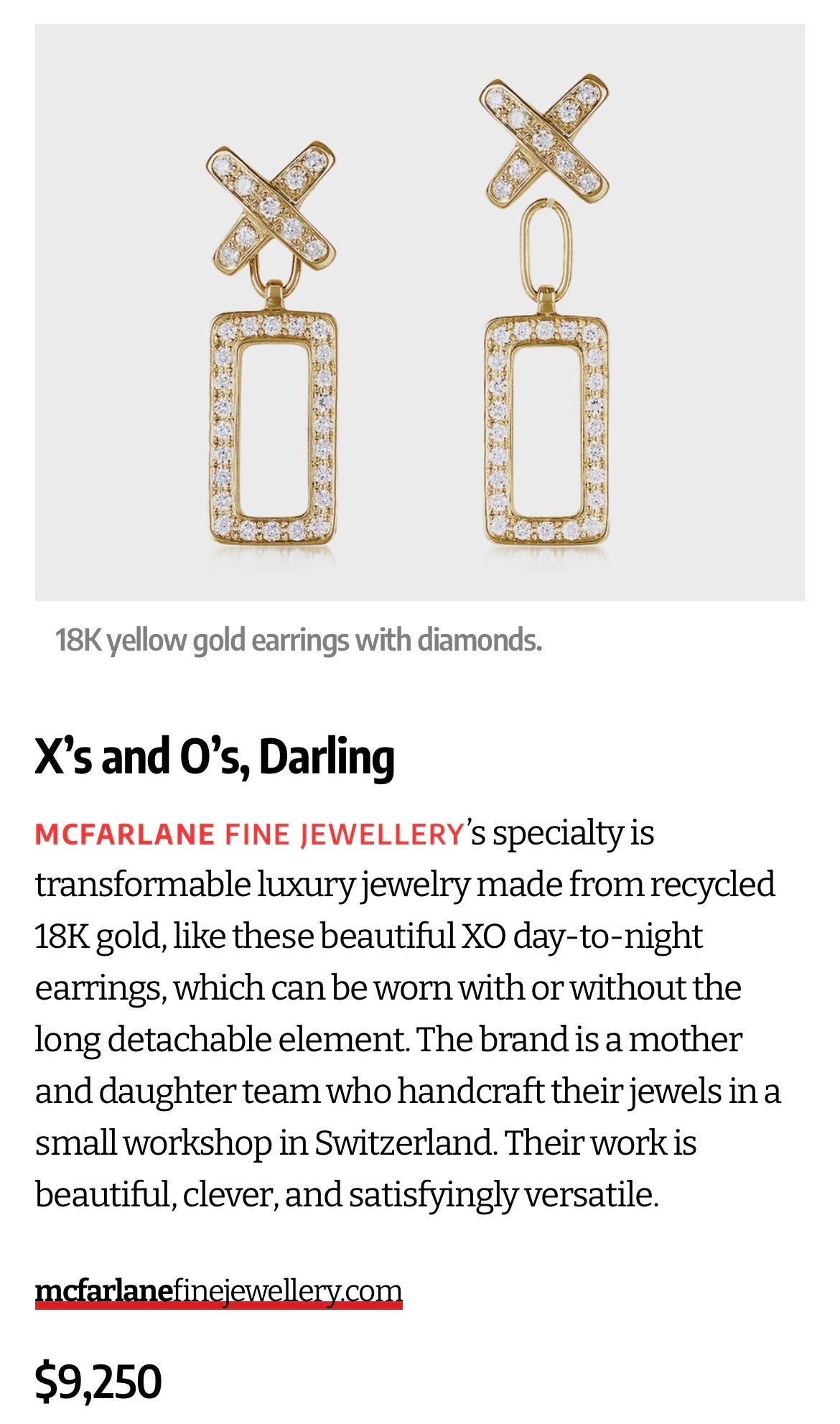 Instore Magazine Feature with our XO Earrings by McFarlane Fine Jewellery