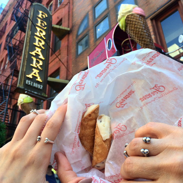 Eating Cannolis in Little Italy wearing our Polished Little B'Os & B'Os Rings 