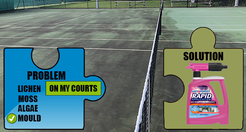 Remove moss mould & lichen from tennis courts with Wet & Forget's Rapid Application