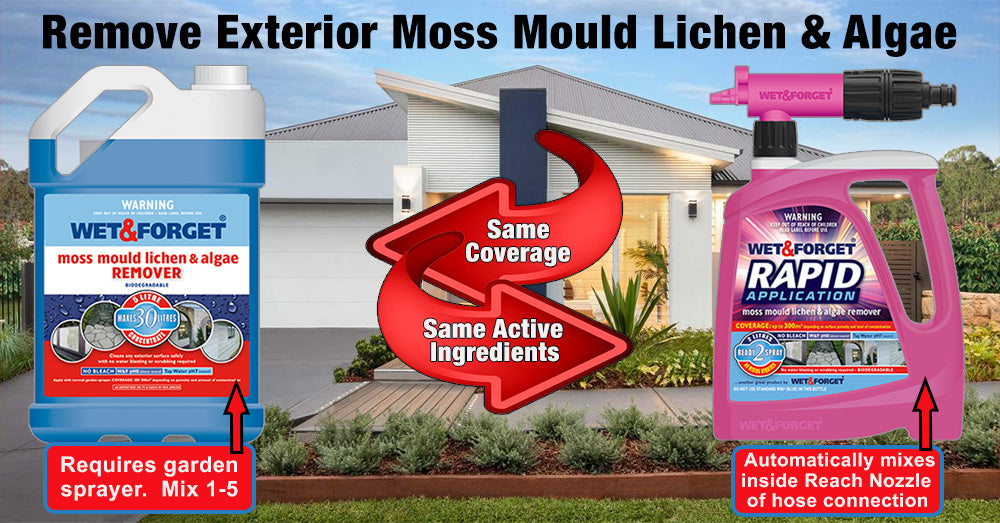 Remove moss mould lichen and algae with Wet & Forget or Rapid Application