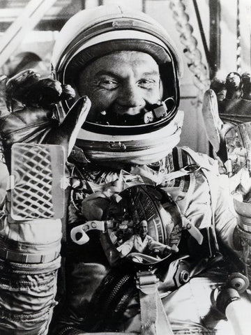 Black and white photograph of astronaut John Glenn, photo credit NASA