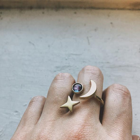 Galaxy Orbit Ring with Star and Moon and Galaxy Image - Celestial Jewelry by Yugen Tribe