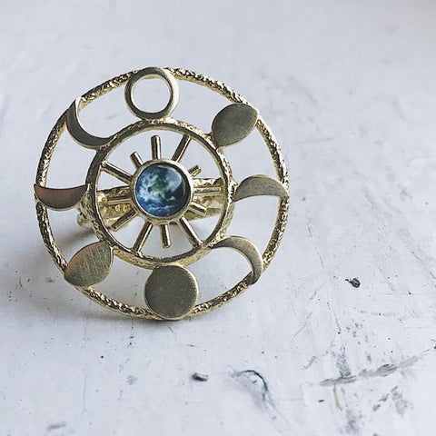 Large Cocktail Ring with Phases of the Moon, Sun, Earth - Moon Phase Jewelry, Galaxy Ring by Yugen Tribe