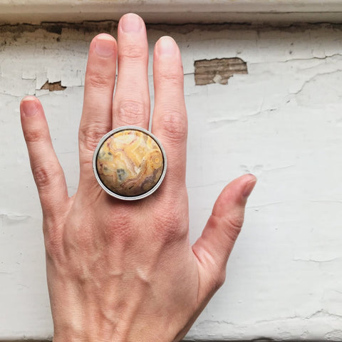 Large Cocktail Ring with Crazy Lace Agate in Silver - Big Circle Agate Ring with Natural Stone by Yugen Tribe