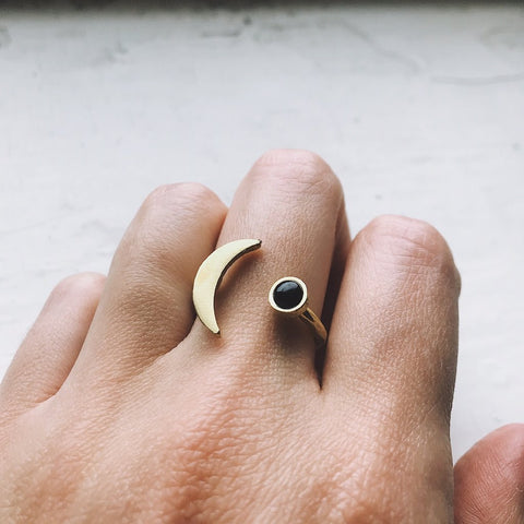 Gold crescent moon ring with black onyx - Natural stone celestial cosmic jewelry by Yugen Tribe