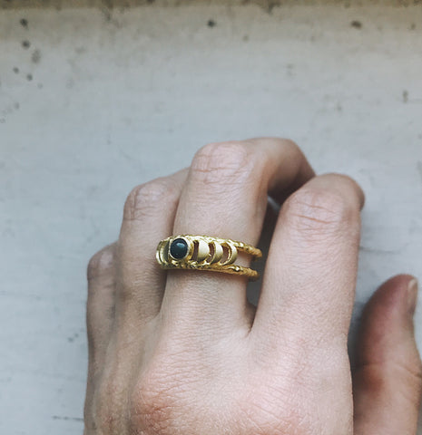 Gold Tone Ring with Black Opal and Moon Phases - Moonphase ring by Yugen Tribe, Handmade Celestial Jewelry