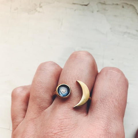 Crescent Moon Ring - Galaxy Ring with Moon Shape - Cosmic Jewelry by Yugen Tribe