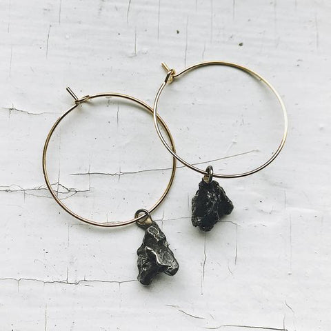 Raw Meteorite Earrings - Gold Hoop Earrings with Meteorites - Cosmic Outer Space Jewelry with Meteors by Yugen Tribe