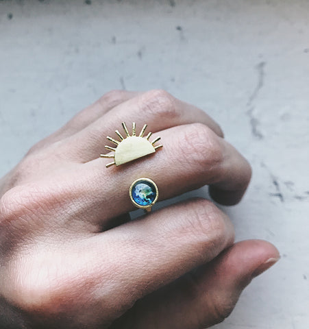 Sunrise Ring by Yugen Tribe - Sun Ring with Earth, handmade celestial jewelry 
